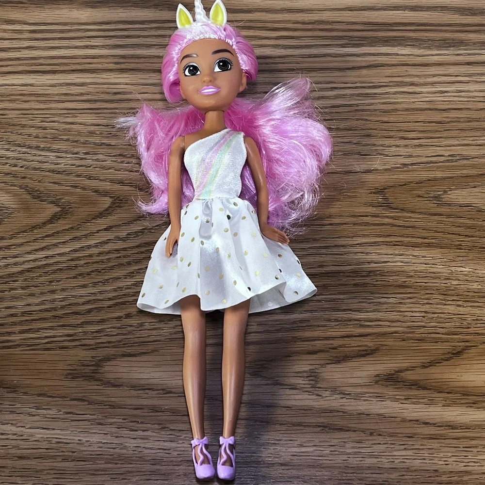 Unicorn Fashion Doll Pink‎ Hair Rainbow Dress Gold Polka Dots ZR-06